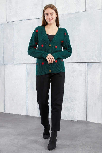 Lugmo Kadın Triko Hırka Kalp Nakışlı Standart Beden Zümrüt - Resim 7