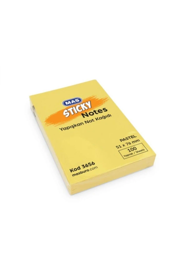 Mas Yapışkanlı Not Kağıdı 100 Sayfa 51x76mm Pastel Sarı 3656 (12 Koçan)