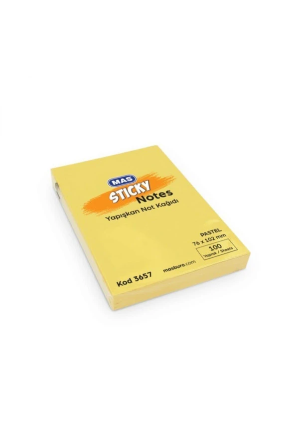 Mas Yapışkanlı Not Kağıdı 100 Sayfa 76x102mm Pastel Sarı 3657 (12 Koçan)