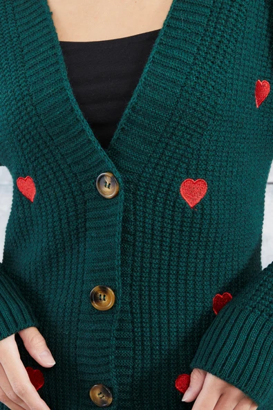 Lugmo Kadın Triko Hırka Kalp Nakışlı Standart Beden Zümrüt - Resim 5