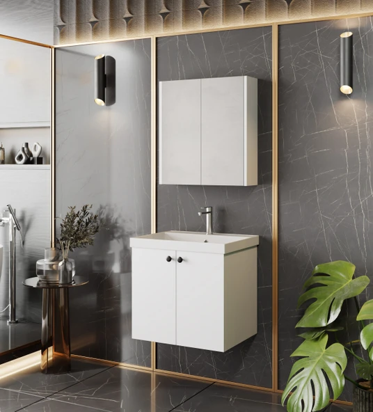 Karen Banyo Mimoza 60 Cm Mdf,lavabolu,aynalı Banyo Dolabı Seti,seramik Lavabo Dahil Beyaz Mdf