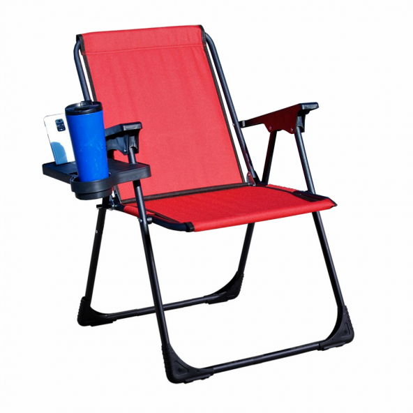 Bardaklıklı Katlanır Kamp Piknik Sandalyesi Plaj Koltuğu KIRMIZI
