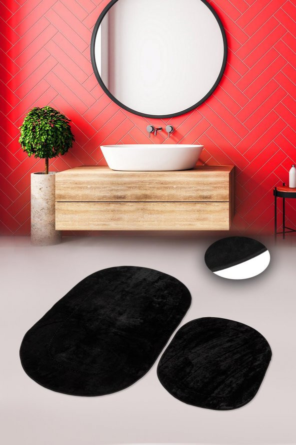 Oval Siyah 2li Set Kaymaz Taban Klozet Takımı Banyo Paspas Seti - 1