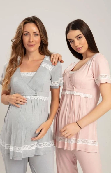 Bone Club 5201 Pudra Puanlı Sabahlıklı 3Lü Hamile Lohusa Pijama Tk - 2