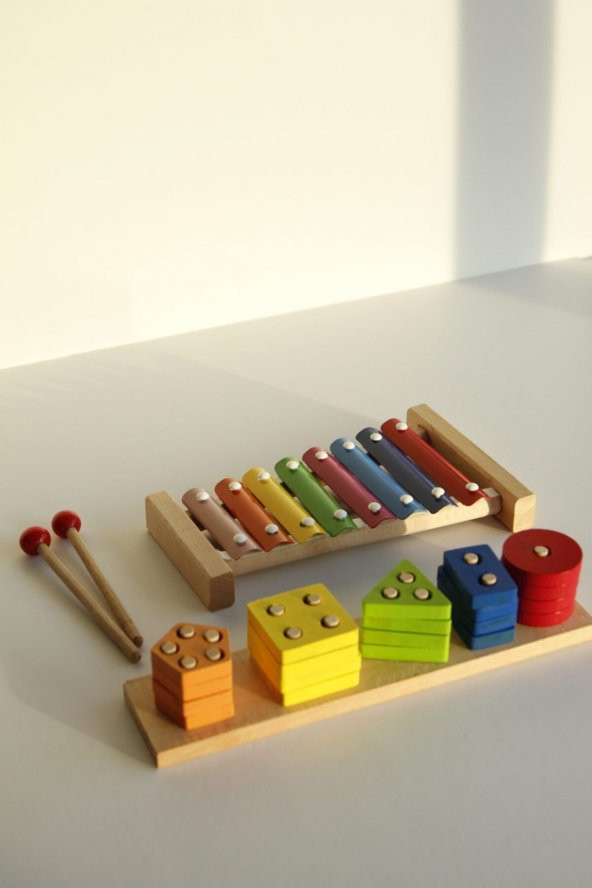 Hamaha Wooden Toys Ahşap Ksilofon Eğitici Oyuncak + Geometrik Şekilli 5li Geçmeli Oyuncak Puzzle