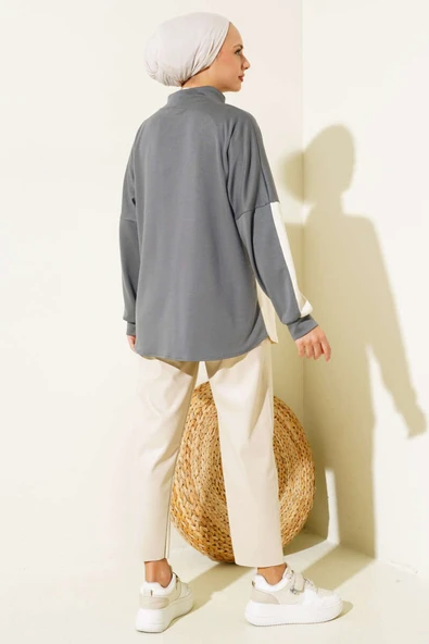 Yaka Fermuarlı Düğme Detay Tunik Füme - Resim 3