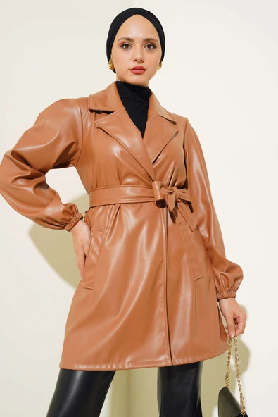 Kruvaze Yaka Kuşaklı Deri Ceket Taba