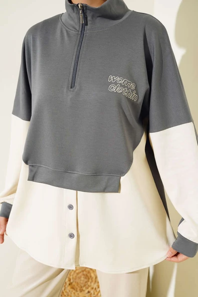 Yaka Fermuarlı Düğme Detay Tunik Füme - Resim 4