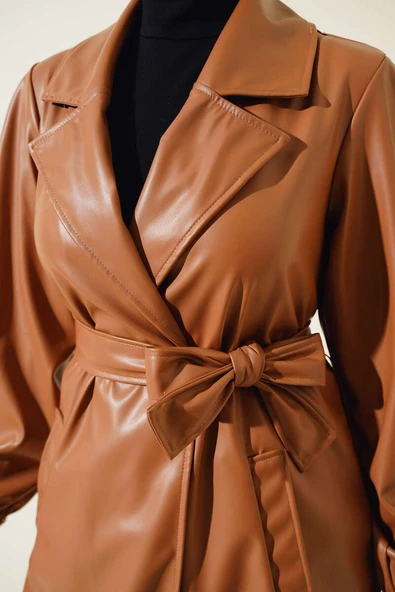 Kruvaze Yaka Kuşaklı Deri Ceket Taba - 4