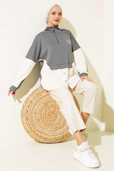 Yaka Fermuarlı Düğme Detay Tunik Füme - Resim 2