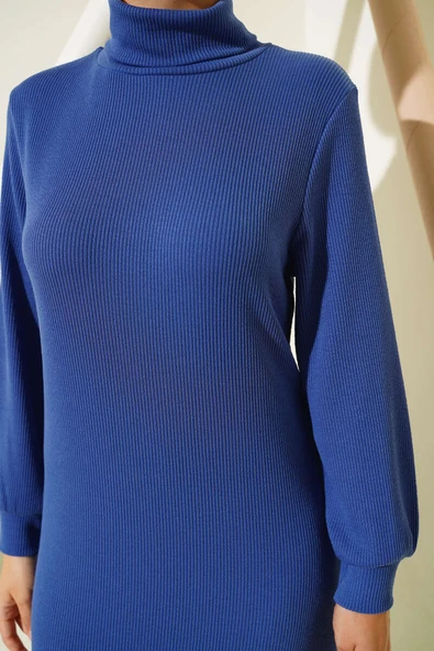 Fitilli Balıkçı Yaka Elbise Mavi - Resim 4