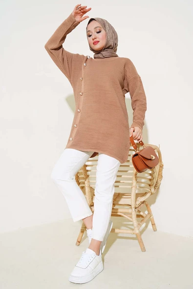 Önü Düğme Detaylı Triko Tunik Büsküvi - Resim 2