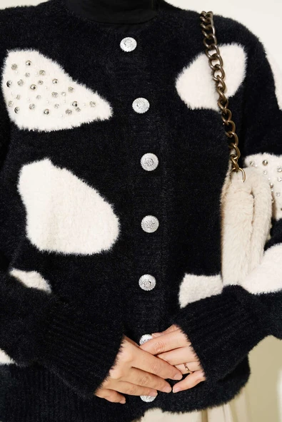 Dalmaçya Desen İncili Kısa Triko Hırka Siyah - 4