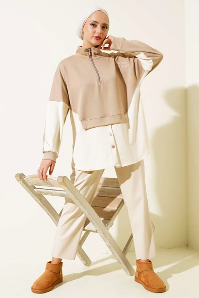 Yaka Fermuarlı Düğme Detay Tunik Latte - Resim 2