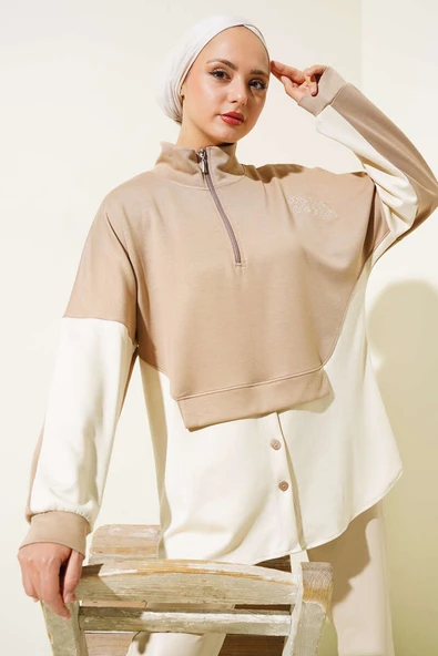 Yaka Fermuarlı Düğme Detay Tunik Latte ürün görseli