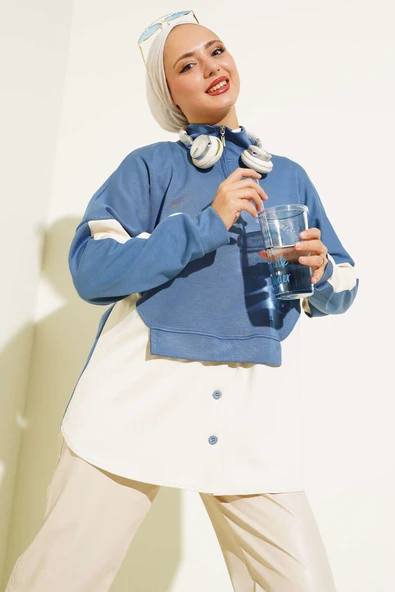 Yaka Fermuarlı Düğme Detay Tunik İndigo ürün görseli