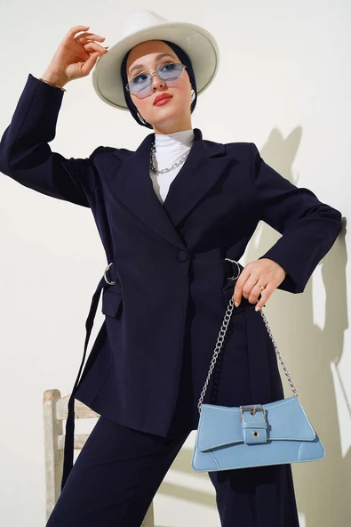 Yanları Tokalı Ceket İkili Takım Lacivert - Resim 2