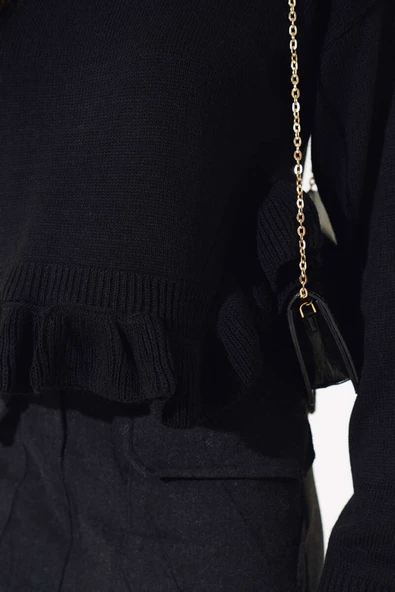 Alt Fırfırlı Kısa Triko Kazak Siyah - 4