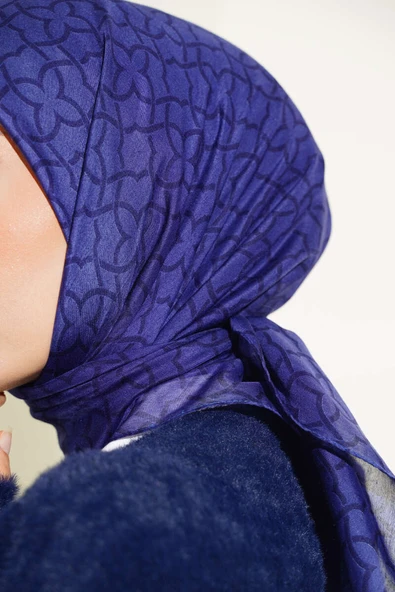 Çiçek Motif Desen Yazma Eşarp Morcivert - 4