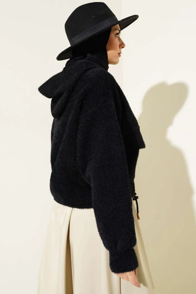 Kapüşonlu Çıtçıtlı Kısa Triko Hırka Siyah - 3