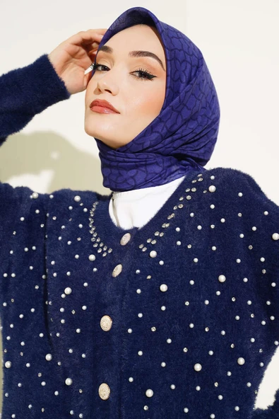 Çiçek Motif Desen Yazma Eşarp Morcivert - 2