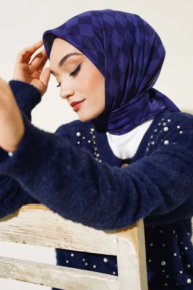 Dama Desen Yazma Eşarp Morcivert