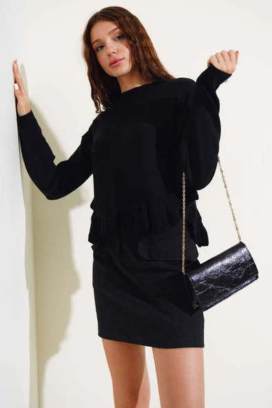 Alt Fırfırlı Kısa Triko Kazak Siyah - 2