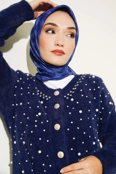Dama Desen Yazma Eşarp Saks