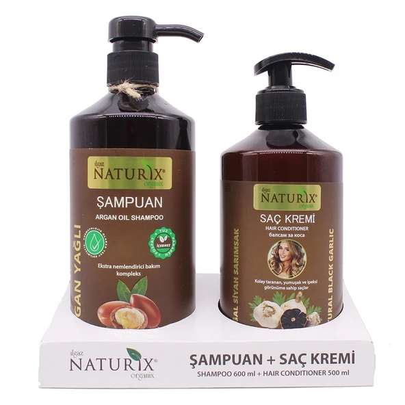 Naturix Tuzsuz Argan Şampuan & Siyah Sarımsak Saç Kremi Seti  Doğal Saç Bakımı (600 ml + 500 ml) - 1