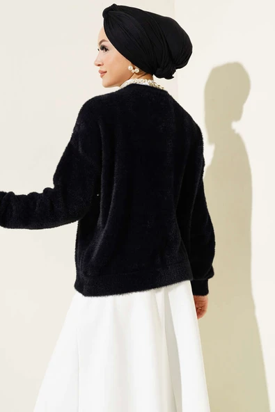 İncili Taşlı Sakallı Kısa Hırka Siyah - 3