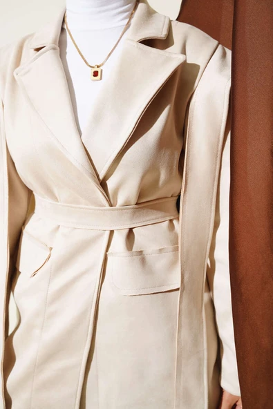 Omuz Pelerinli Süet Ceket Bej - Resim 4