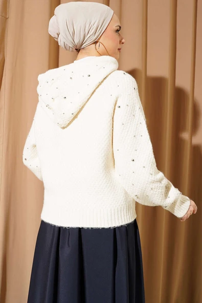 İncili Kapüşonlu Kısa Triko Hırka Kemik - 3