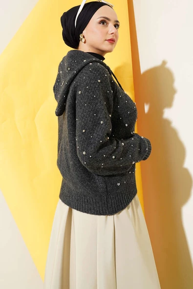 İncili Kapüşonlu Kısa Triko Hırka Antrasit - 3