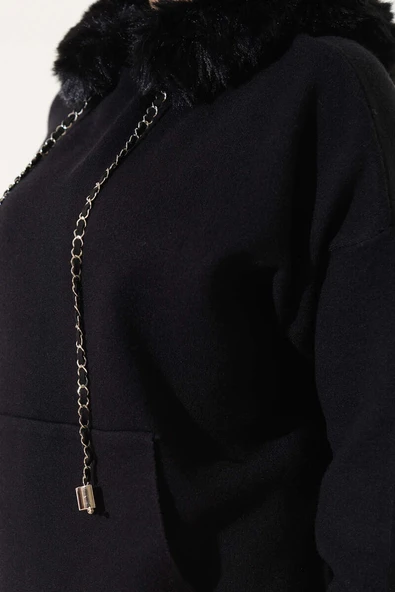 Kapüşonu Kürklü Triko Kazak Siyah - 4