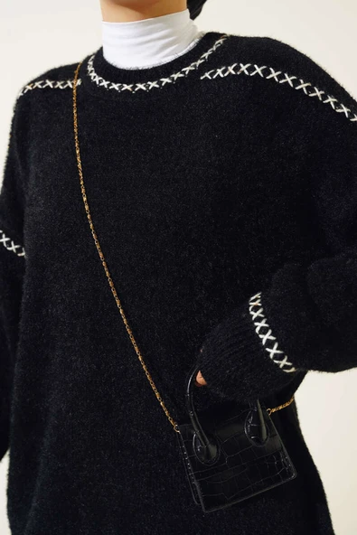 Dikiş Detaylı Triko Tunik Siyah - Resim 4