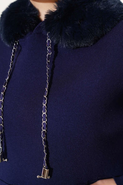 Kapüşonu Kürklü Triko Kazak Lacivert - 4