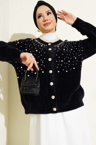 İncili Taşlı Sakallı Kısa Hırka Siyah - 2