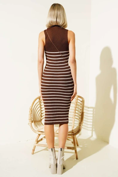 Fitilli Çizgili Midi Triko Elbise Kahve - 3
