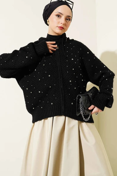 İncili Kapüşonlu Kısa Triko Hırka Siyah - 2