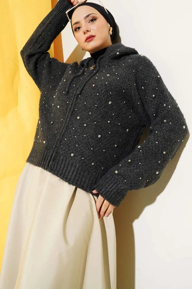 İncili Kapüşonlu Kısa Triko Hırka Antrasit