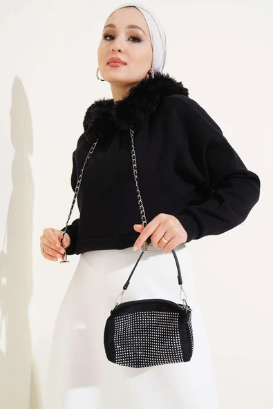 Kapüşonu Kürklü Triko Kazak Siyah - 2