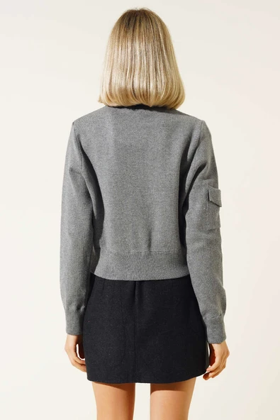 Fermuarlı Kısa Triko Hırka Gri - 3