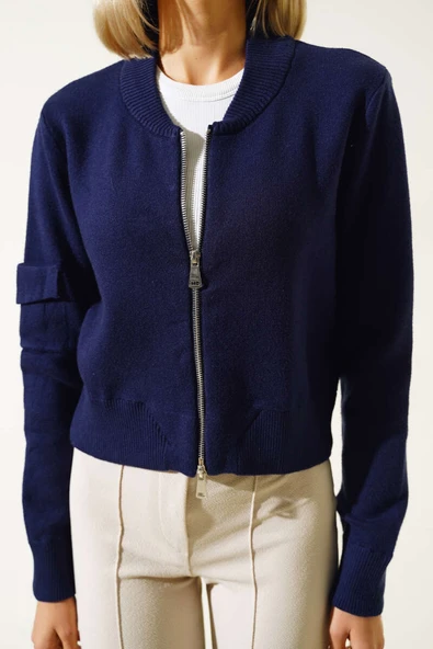 Fermuarlı Kısa Triko Hırka Lacivert - 4