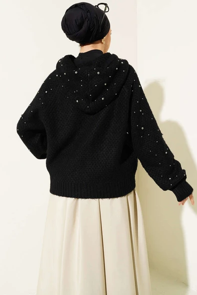 İncili Kapüşonlu Kısa Triko Hırka Siyah - 3