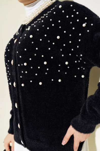 İncili Taşlı Sakallı Kısa Hırka Siyah - 4