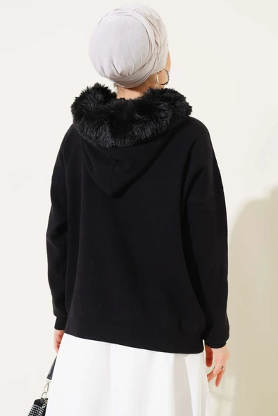 Kapüşonu Kürklü Triko Kazak Siyah - 3