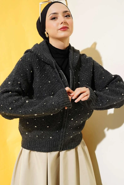 İncili Kapüşonlu Kısa Triko Hırka Antrasit - 2