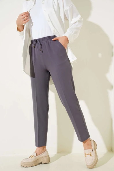 İp Detaylı Beli Lastikli Dar Paça Füme Pantolon - 2