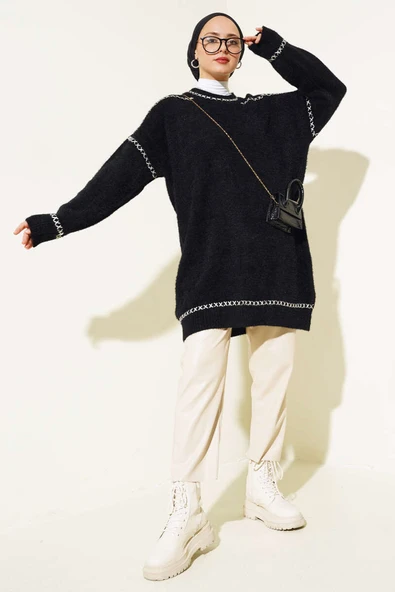 Dikiş Detaylı Triko Tunik Siyah - Resim 2