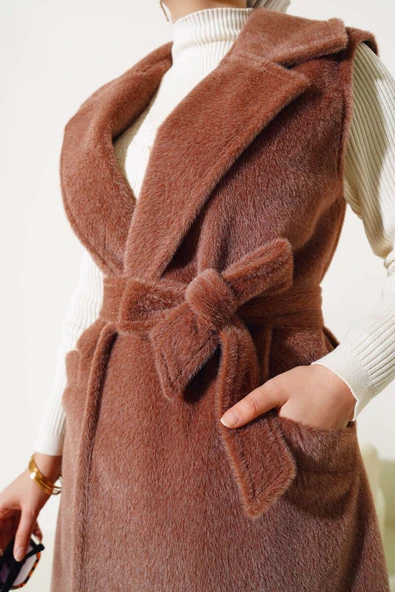 Goldfox Kuşaklı Uzun Yelek Kahve - Resim 4